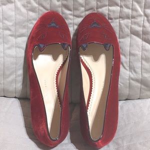 COPY - Charlotte Olympia Red Velvet Kitty Flats sz 8 NWT